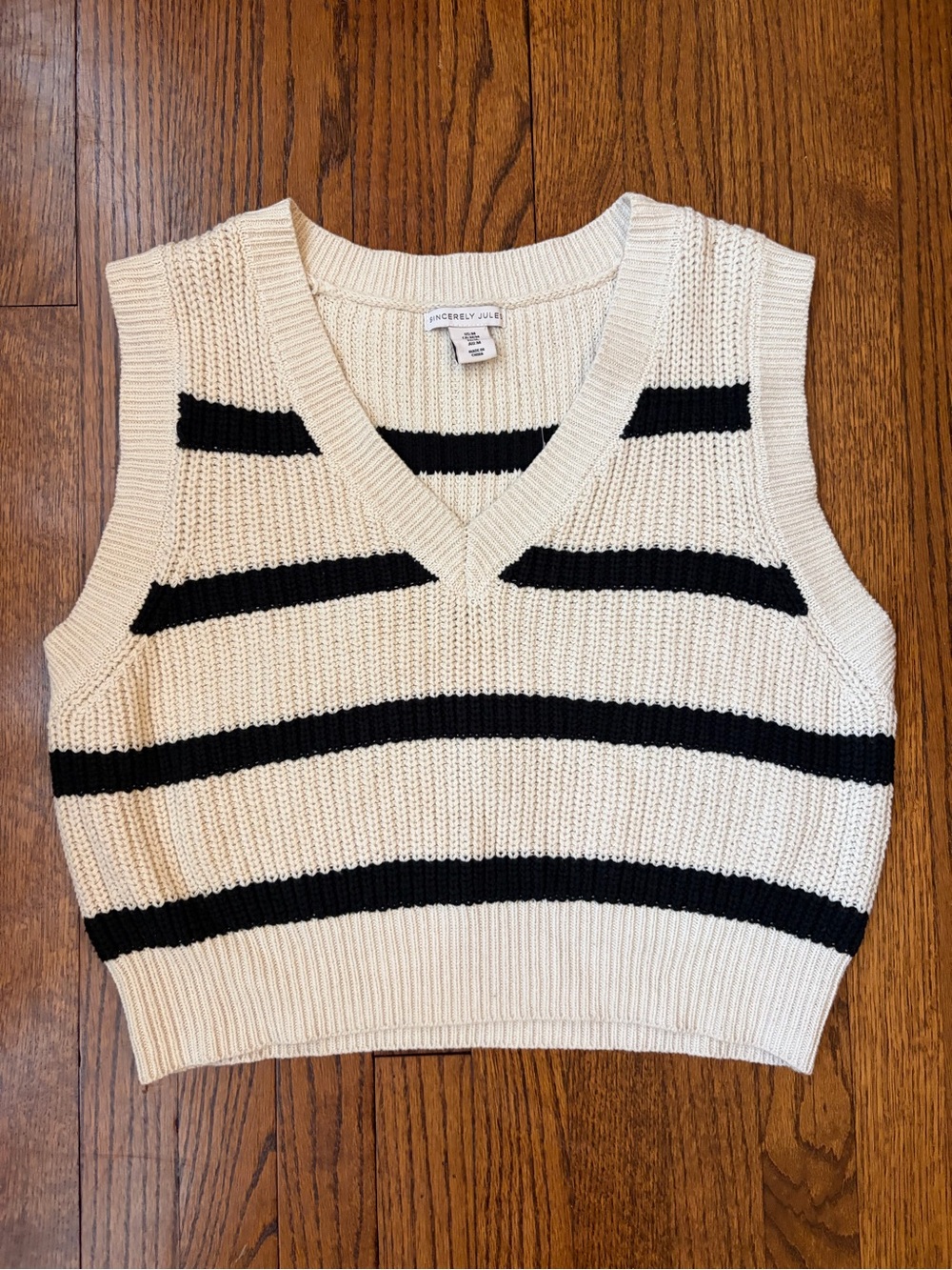 Sincerly Jules Ivory and Black Striped V-Neck Knit Vest